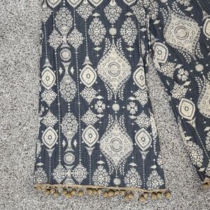 RAGA Wide Leg Pants in Gray & Cream With Gold Globe Detail at Hem